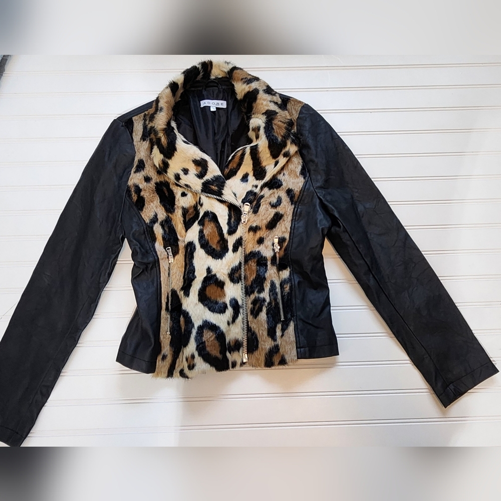 Adore Black Leather Jacket with Leopard Print
